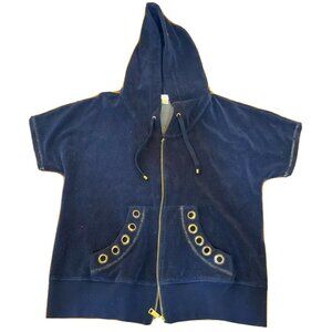 Boston Proper Womens Navy Short-Sleeve Hooded Zip-Up Jacket With Grommet Pockets